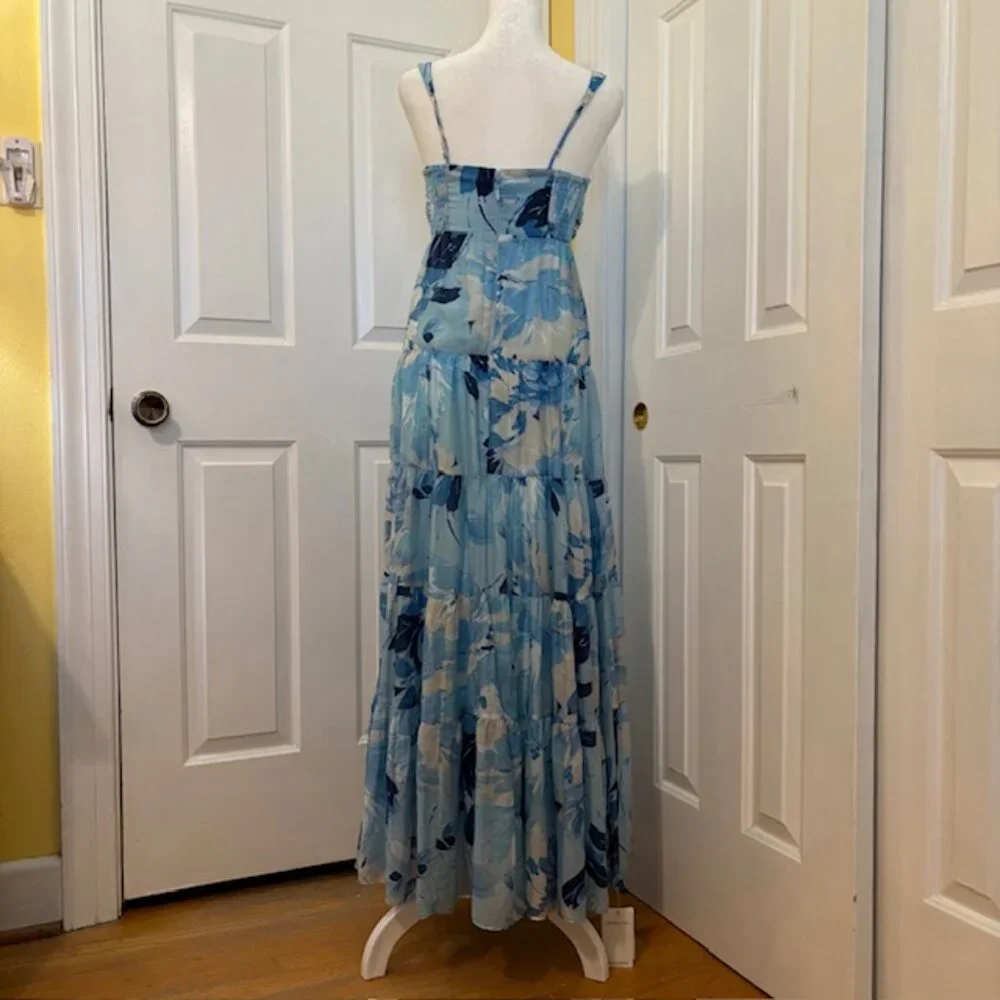 NWT Abercrombie & Fitch Blue Floral Tiered Ruched Thin Strapped Maxi Dress, XSP